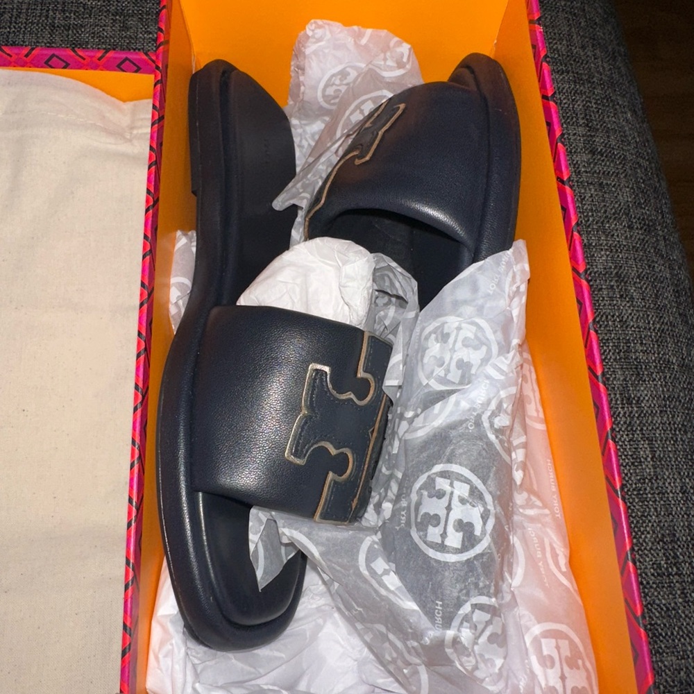 Tory Burch Dark Blue Slide Sandals - Picture 5 of 7